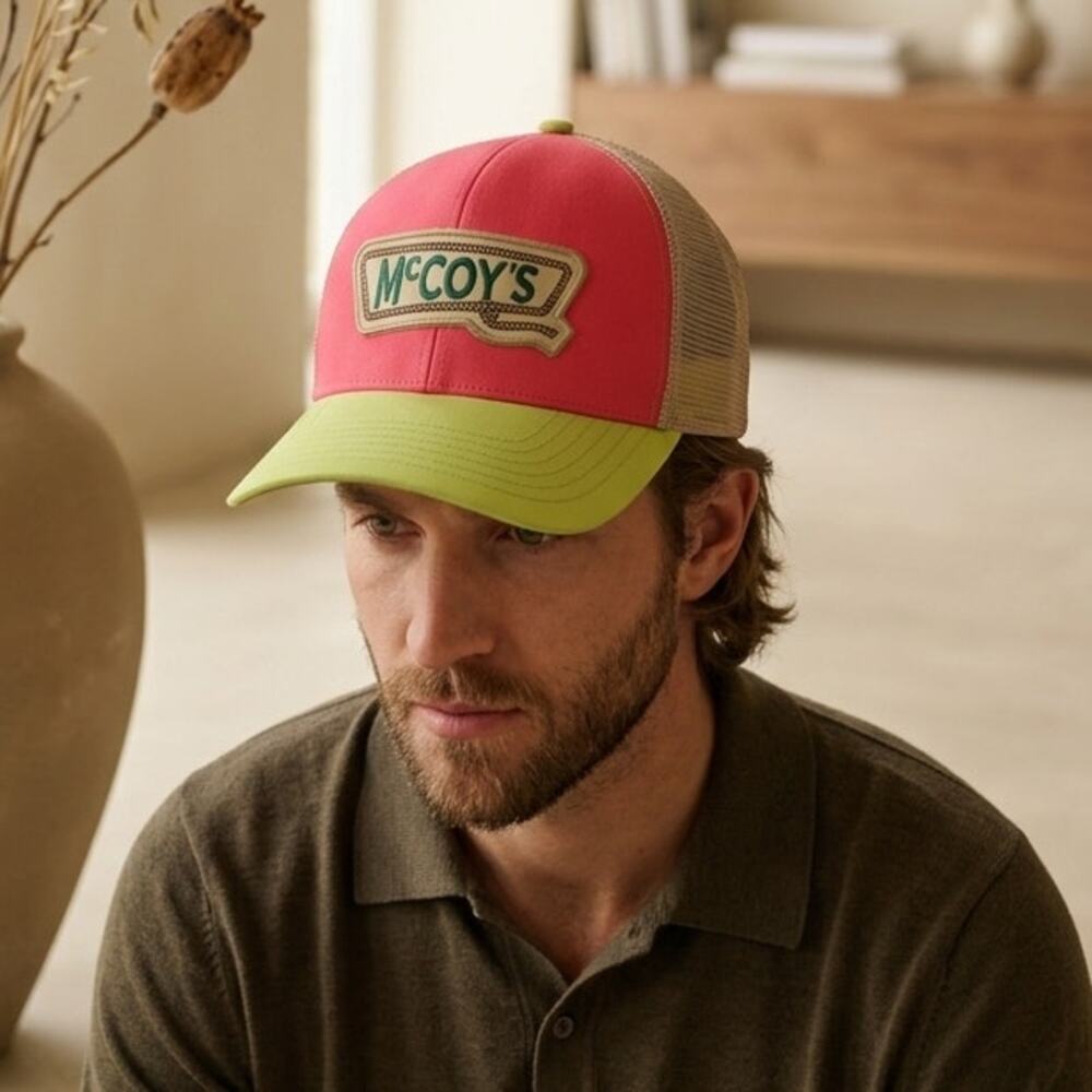 McCoy's Building Supply Trucker Hat Cap Mens Pink/Lime Mesh Back Adjustable